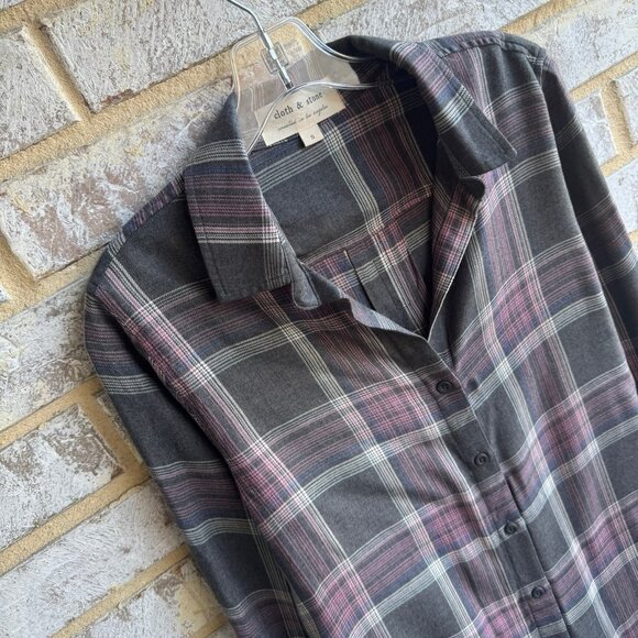 Cloth & Stone Long Sleeve Button Up Collared Plaid Raw Hem Shirt Women's Size XS - Picture 5 of 9